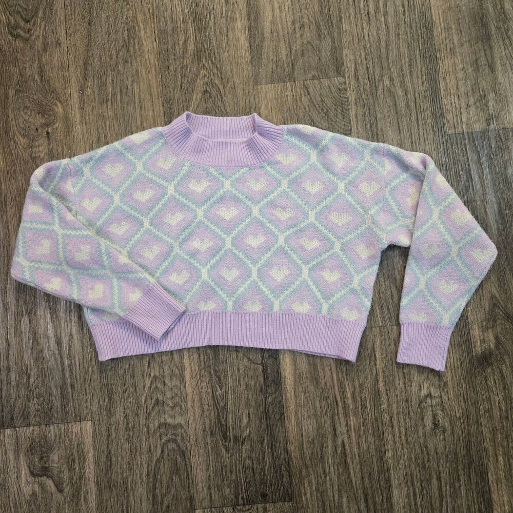 SweaterWild Fable M Pastel Heart Sweater Pink Lavender Cropped Knit Y2K Soft Gir